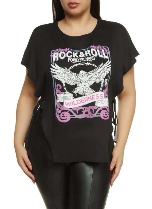 Plus Size Tie Side Rock and Roll Graphic Top sold by Rainbow