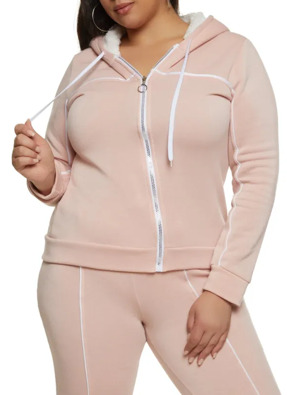 Plus Size Contrast Trim Zip Front Sherpa Lined Hoodie sold by Rainbow