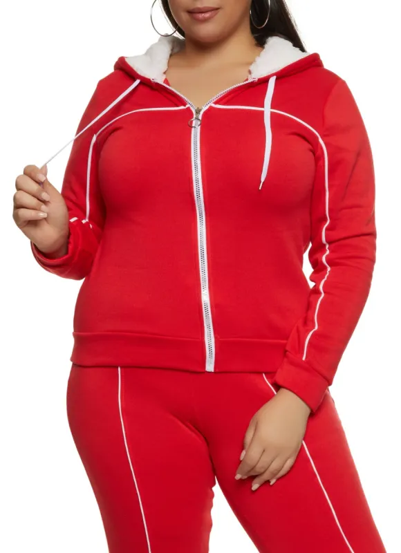 Plus Size Contrast Trim Zip Front Sherpa Lined Hoodie sold by Rainbow