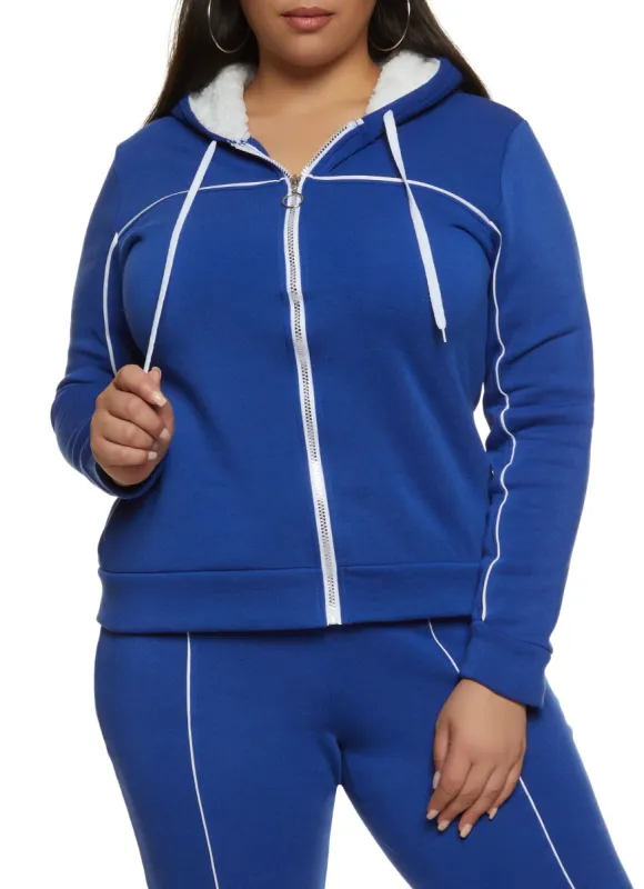 Plus Size Contrast Trim Zip Front Sherpa Lined Hoodie sold by Rainbow