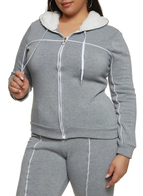 Plus Size Contrast Trim Zip Front Sherpa Lined Hoodie sold by Rainbow