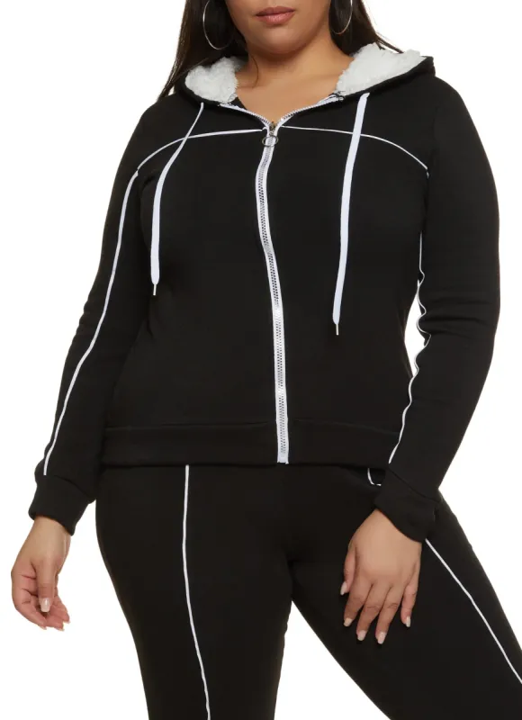 Plus Size Contrast Trim Zip Front Sherpa Lined Hoodie sold by Rainbow
