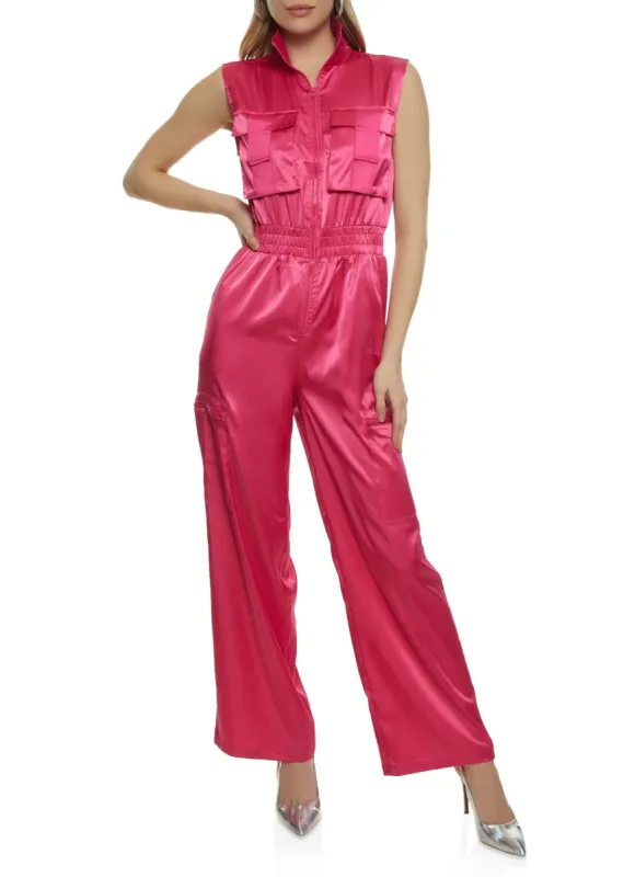 Sleeveless Elastic Waist Cargo Jumpsuit sold by Rainbow