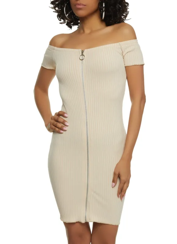 Ribbed Zip Front Off the Shoulder Dress sold by Rainbow
