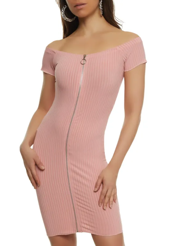 Ribbed Zip Front Off the Shoulder Dress sold by Rainbow