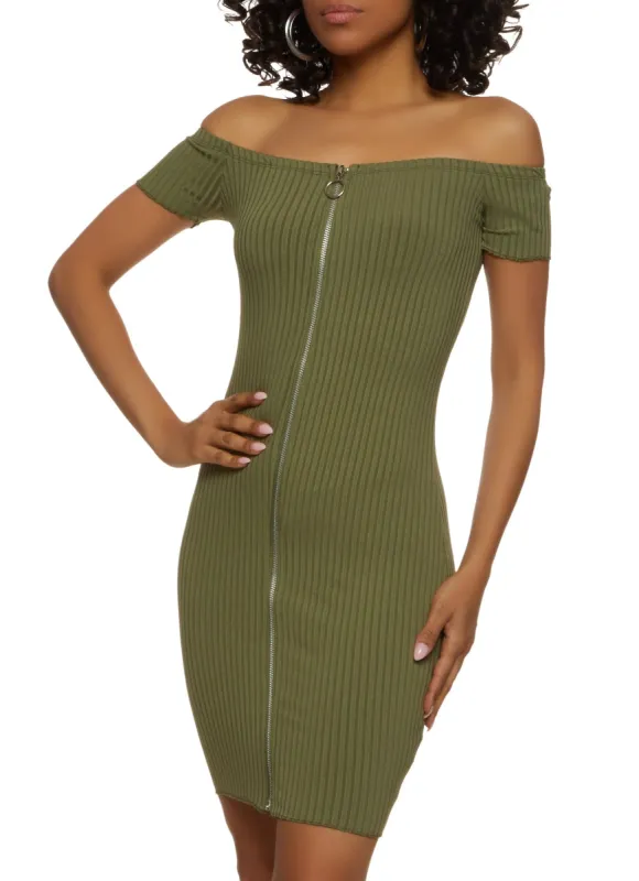 Ribbed Zip Front Off the Shoulder Dress sold by Rainbow