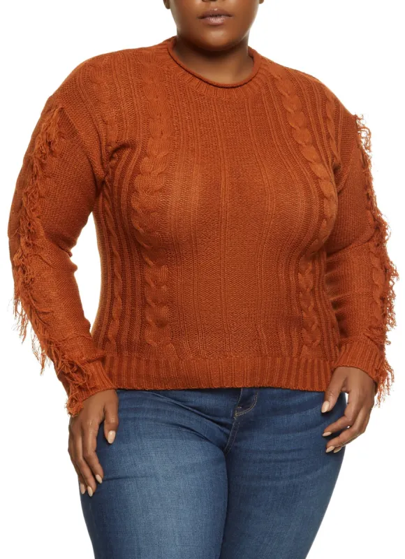 Plus Size Cable Knit Fringe Sweater sold by Rainbow