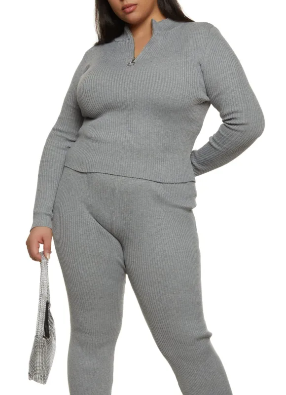 Plus Size Rib Knit Half Zip Cropped Sweater sold by Rainbow