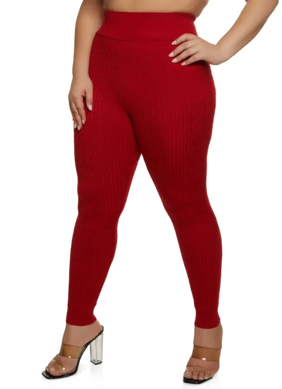 Plus Size Wide Waistband Cable Knit Leggings sold by Rainbow