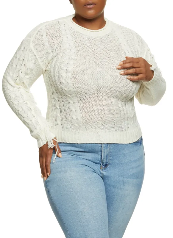Plus Size Cable Knit Fringe Sweater sold by Rainbow