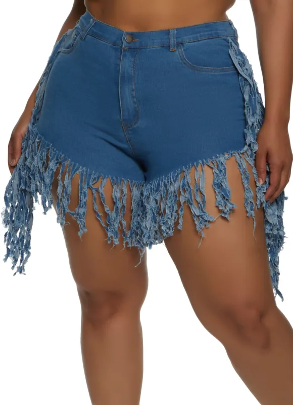 Plus Size Fringe Hem Detail Denim Shorts sold by Rainbow