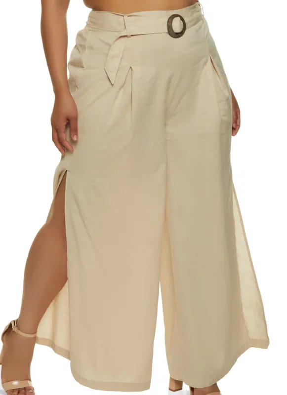 Plus Size Linen Side Slit Belted Pants sold by Rainbow