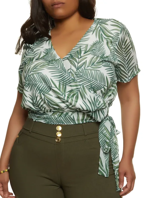 Plus Size Leaf Print Faux Wrap Blouse sold by Rainbow