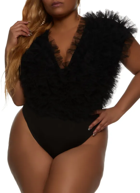 Plus Size Tulle Ruffle V Neck Bodysuit sold by Rainbow