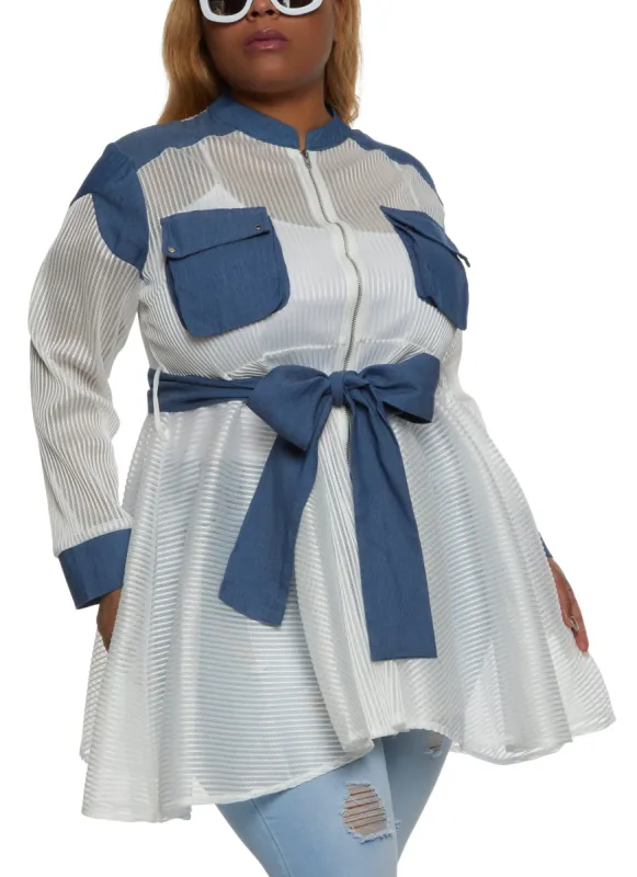 Plus Size Denim Insert Shadow Stripe Mesh Jacket sold by Rainbow