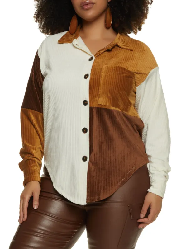 Plus Size Velour Ribbed Color Blocked Shirt sold by Rainbow