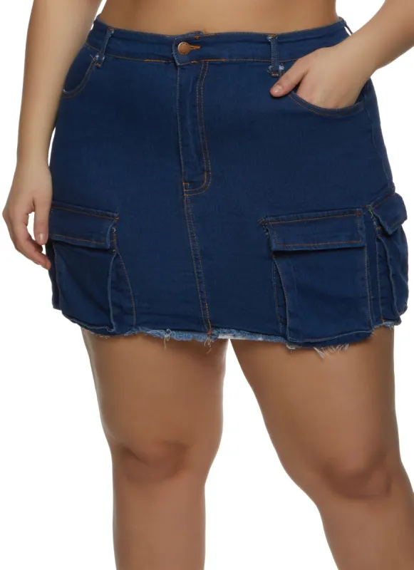 Plus Size Frayed Hem Cargo Pocket Mini Skirt sold by Rainbow