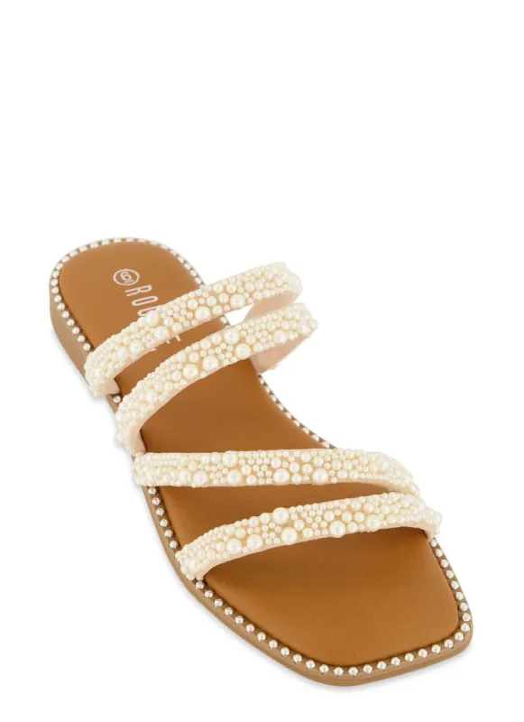 Faux Pearl Asymmetrical Strappy Slide Sandals sold by Rainbow