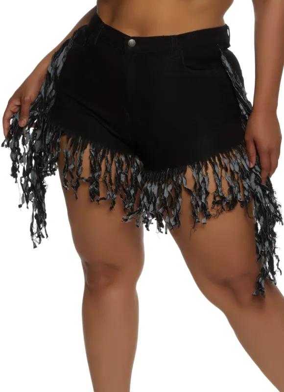 Plus Size Fringe Hem Detail Denim Shorts sold by Rainbow