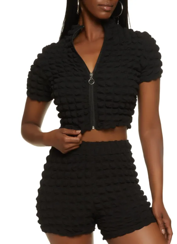 Bubble Knit Zip Up Crop Top and Shorts sold by Rainbow