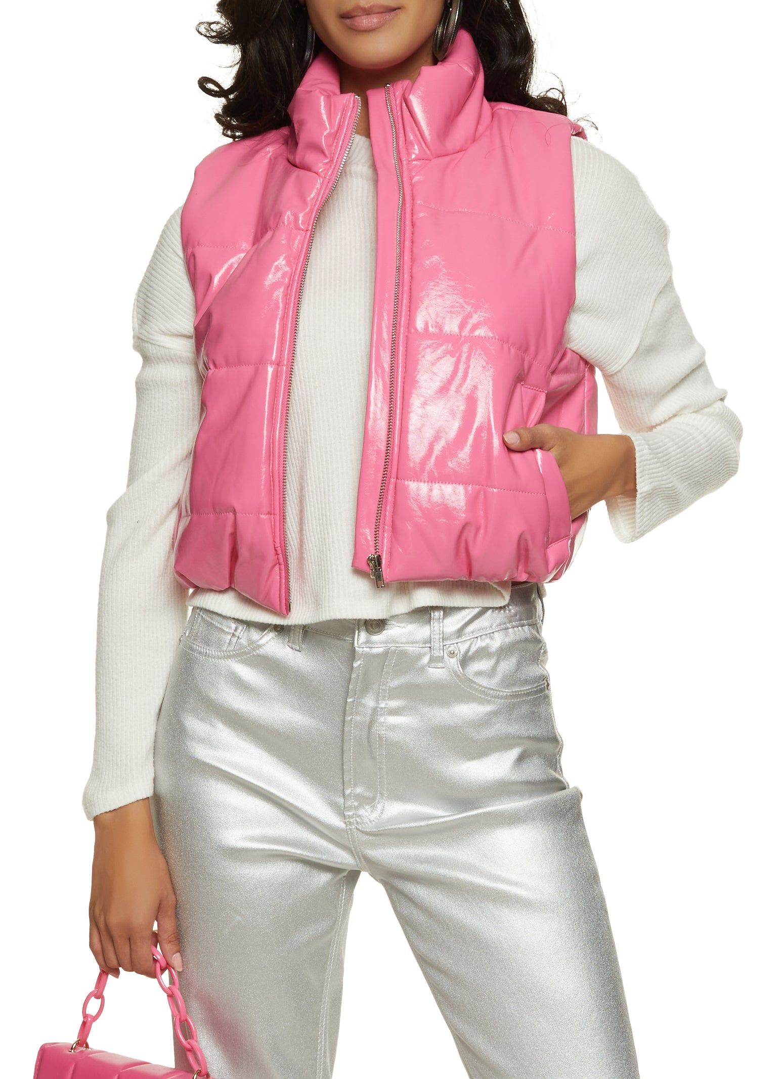 Quilted Faux Patent Leather Cropped Puffer Vest sold by Rainbow