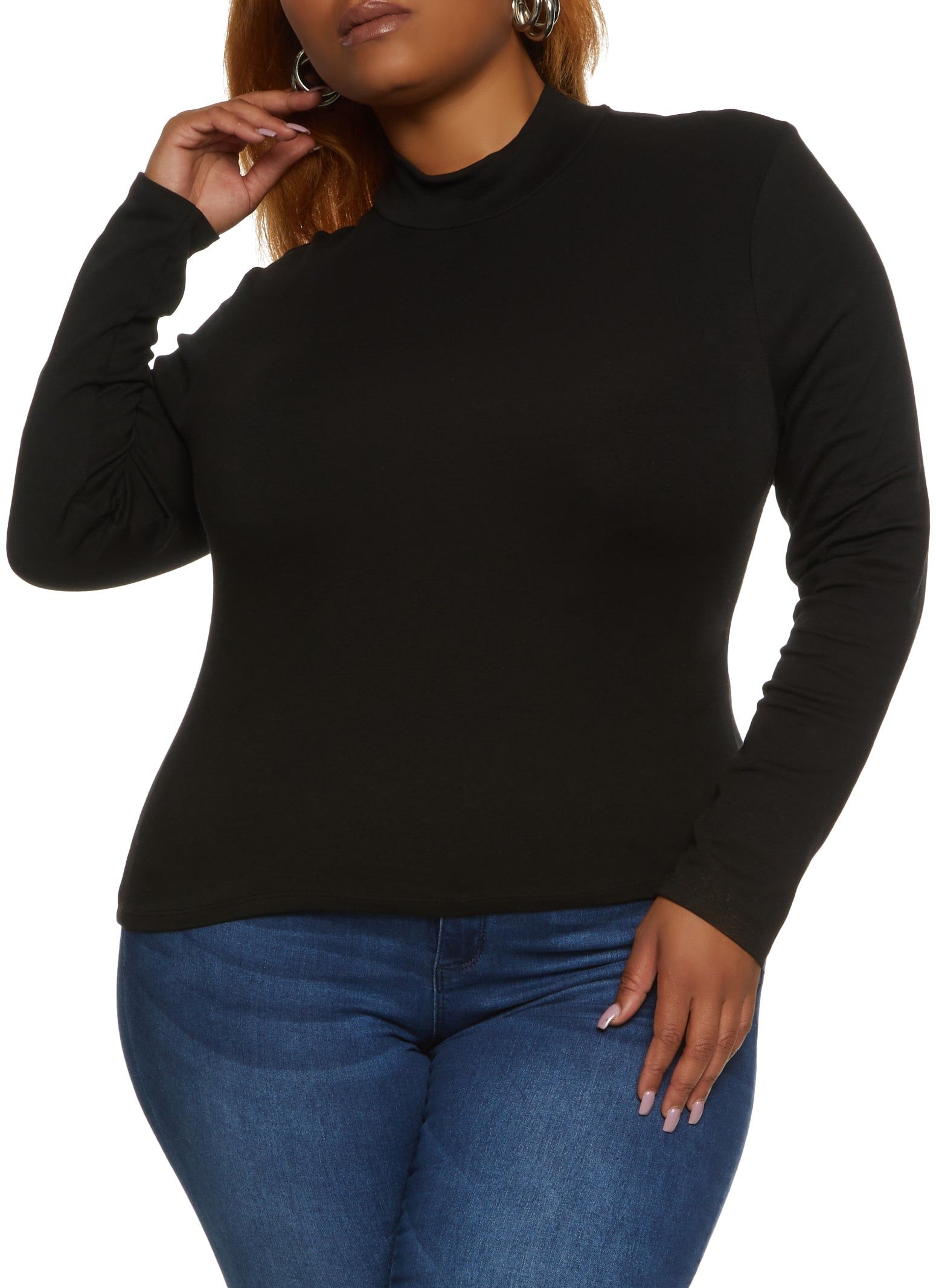 Plus Size Solid Mock Neck Long Sleeve Tee sold by Rainbow