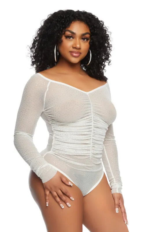 Iris Rhinestone Mesh Ruched Front Bodysuit sold by Rainbow