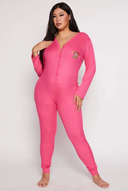 Plus Size Bearly Awake Embroidered Button Front Pajama Jumpsuit sold by Rainbow