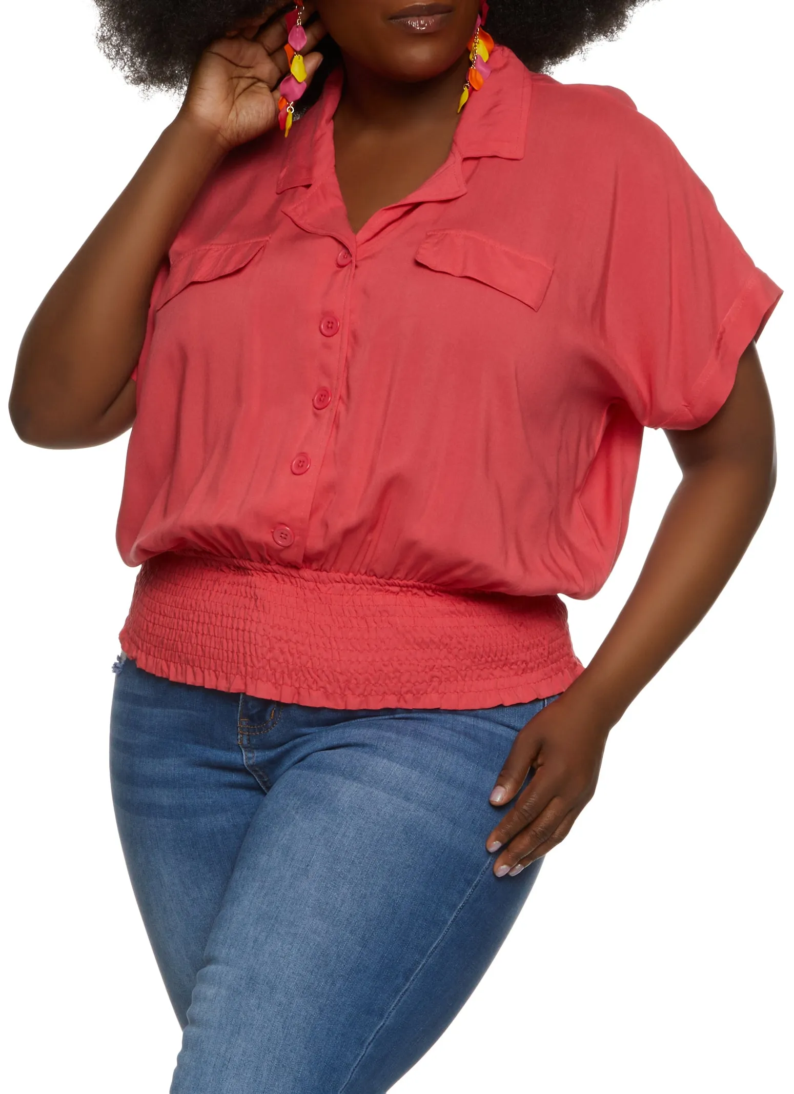 Plus Size Smocked Button Front Blouse sold by Rainbow