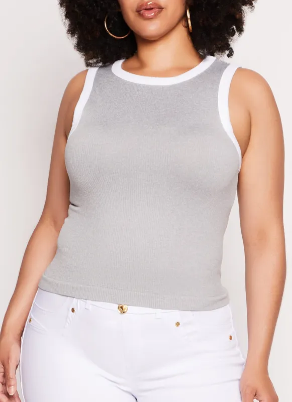 Plus Size Seamless Ribbed Contrast Trim Tank Top sold by Rainbow