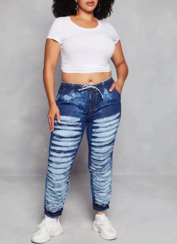 Plus Size Acid Wash Distressed Denim Joggers sold by Rainbow