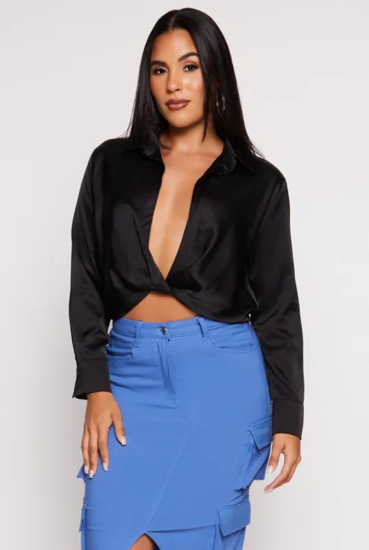 Satin Twist Front Long Sleeve Blouse sold by Rainbow