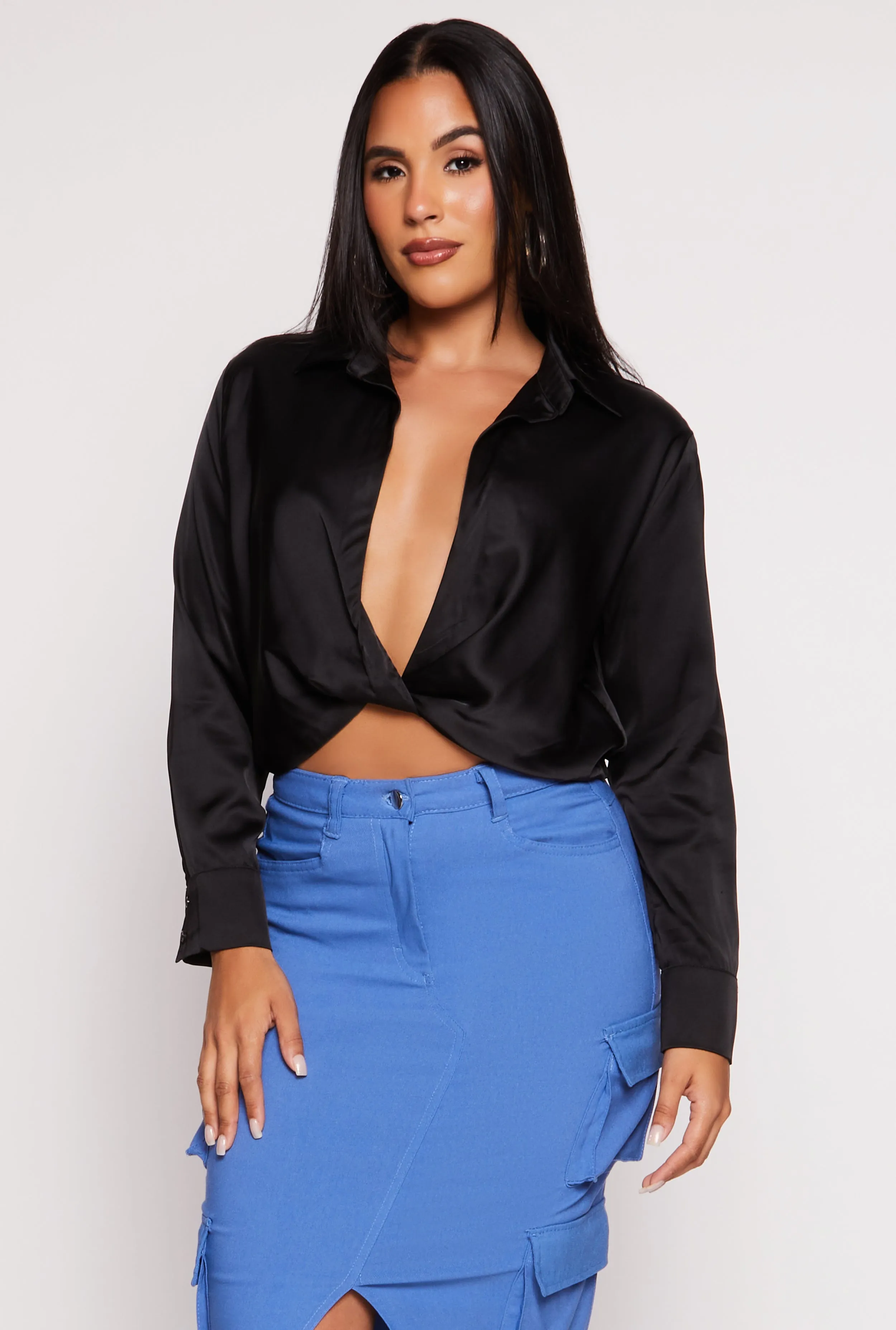 Satin Twist Front Long Sleeve Blouse sold by Rainbow