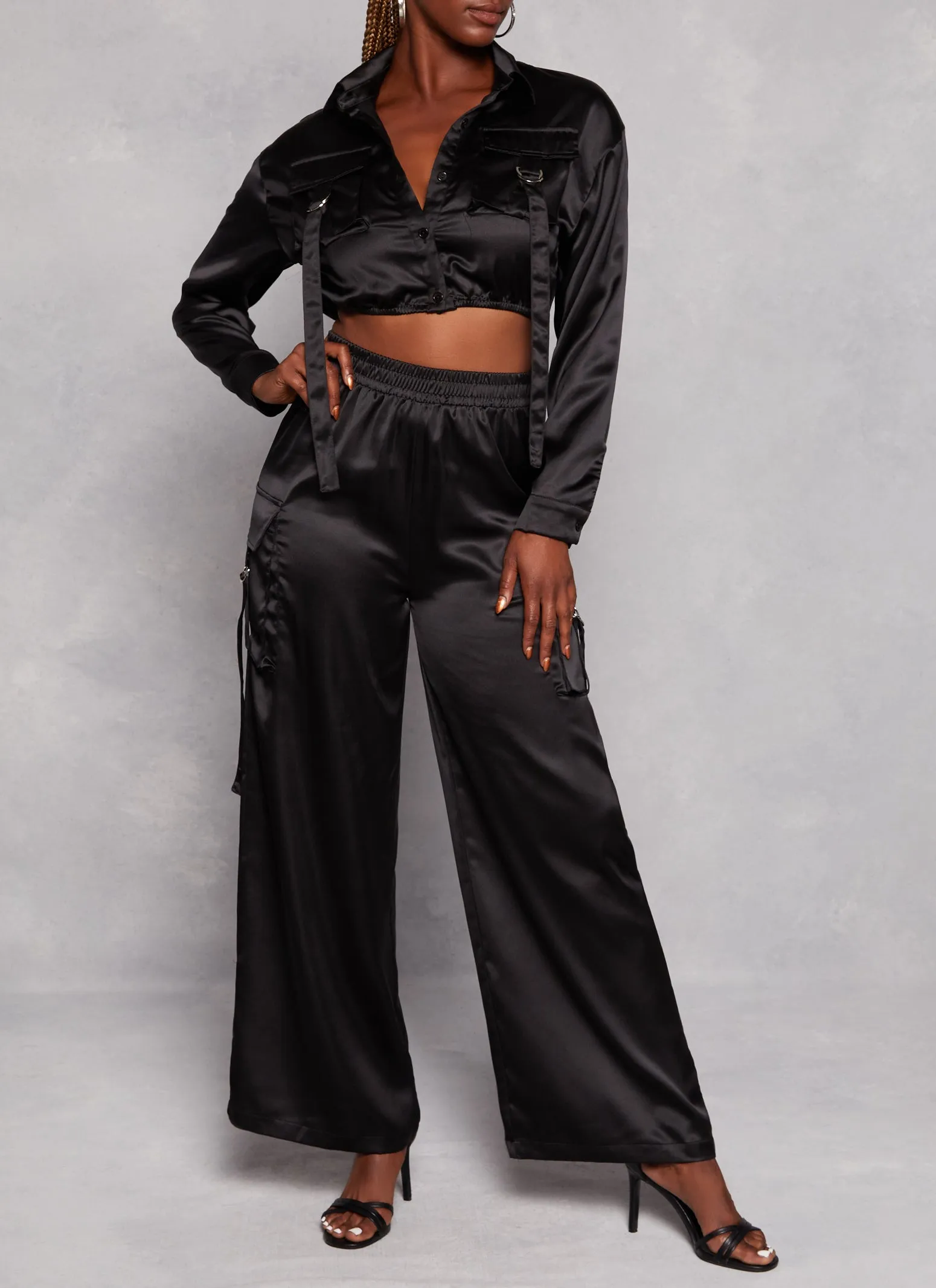 Satin Wide Leg Cargo Pocket Pants sold by Rainbow