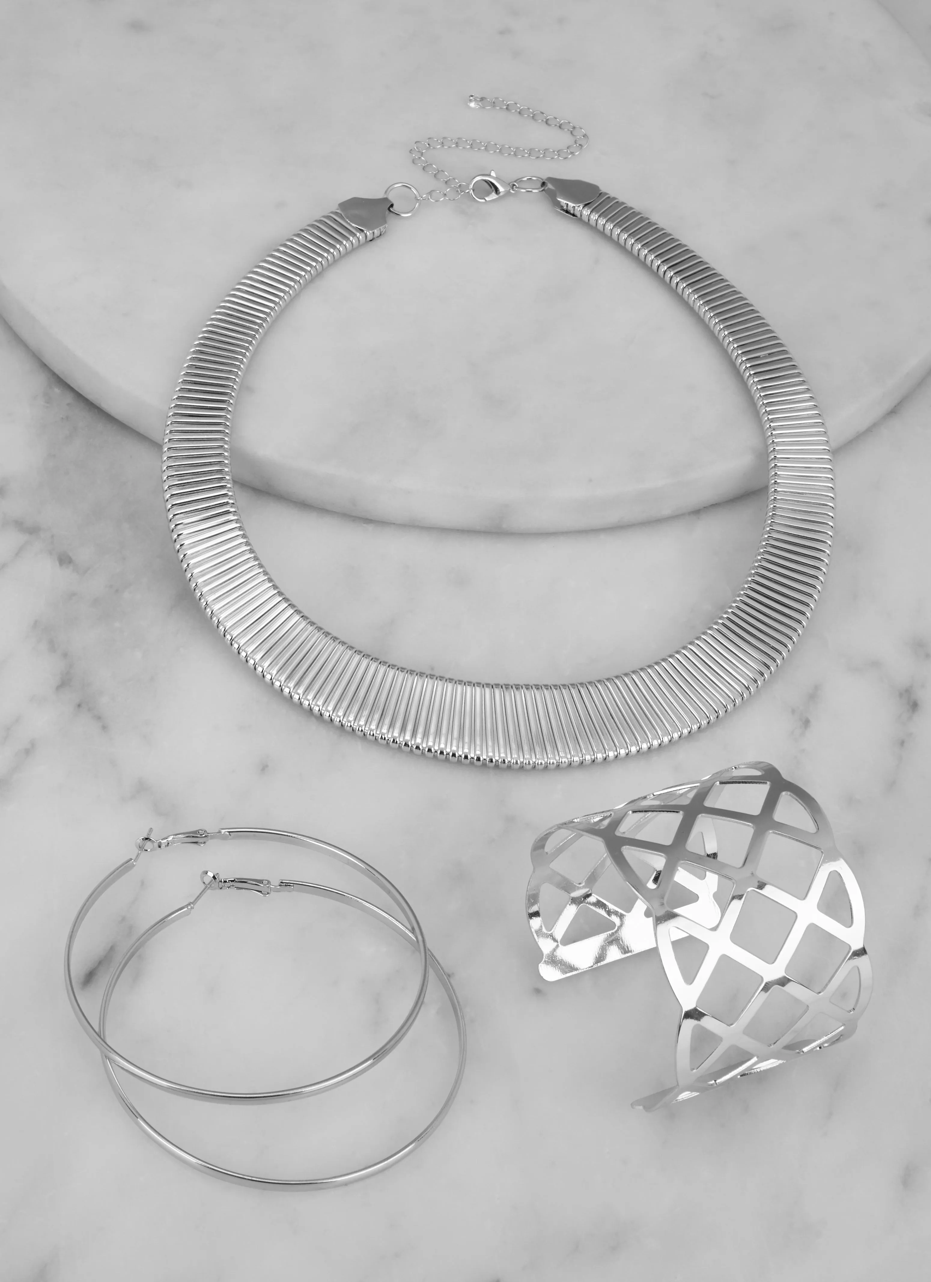 Metallic Herringbone Necklace with Cuff Bracelet and Earrings sold by Rainbow product image thumbnail 2