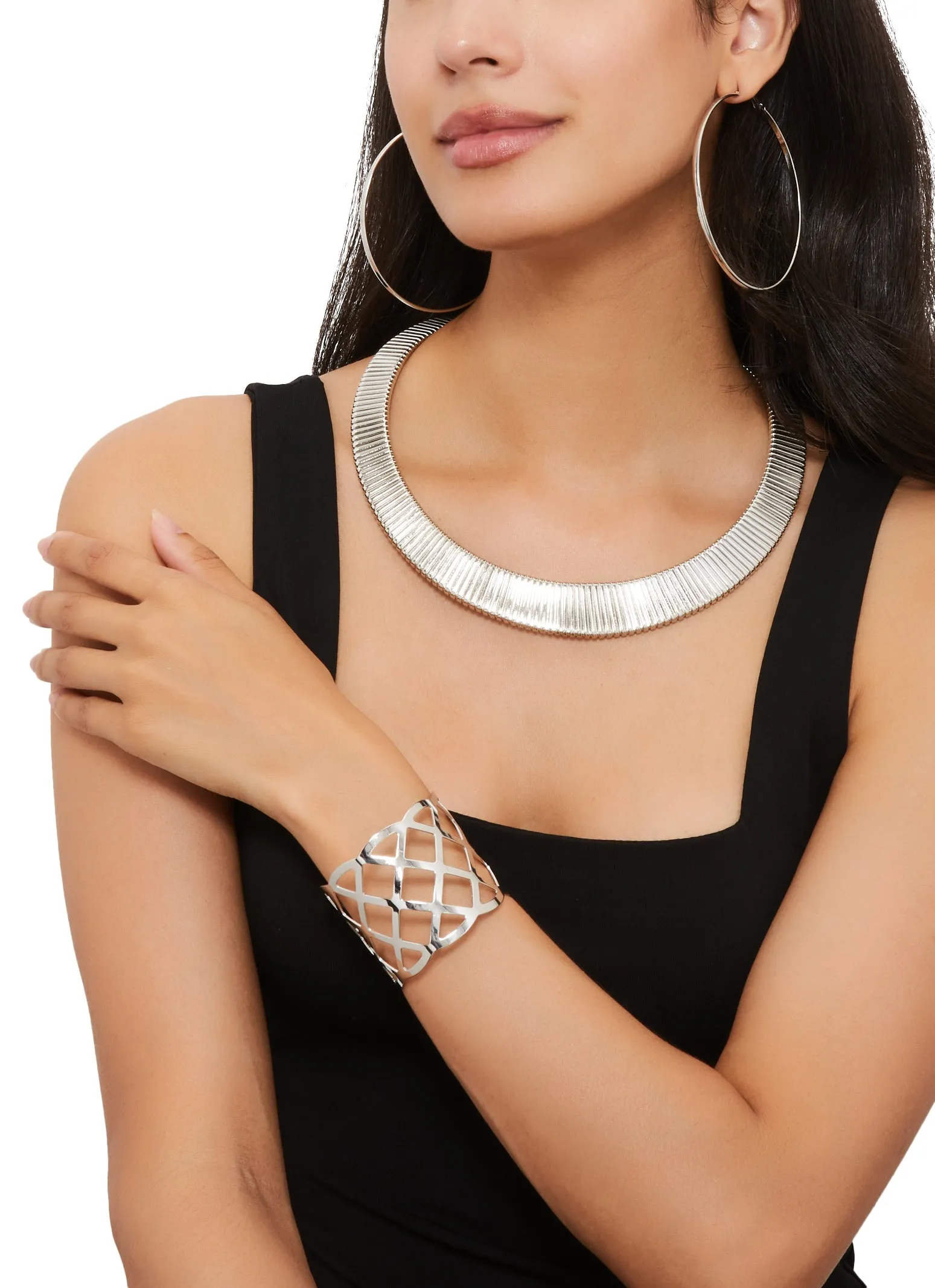 Metallic Herringbone Necklace with Cuff Bracelet and Earrings sold by Rainbow