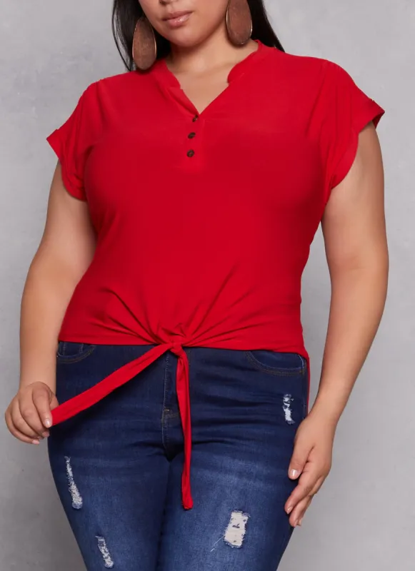 Plus Size Tie Front Half Button High Low Top sold by Rainbow