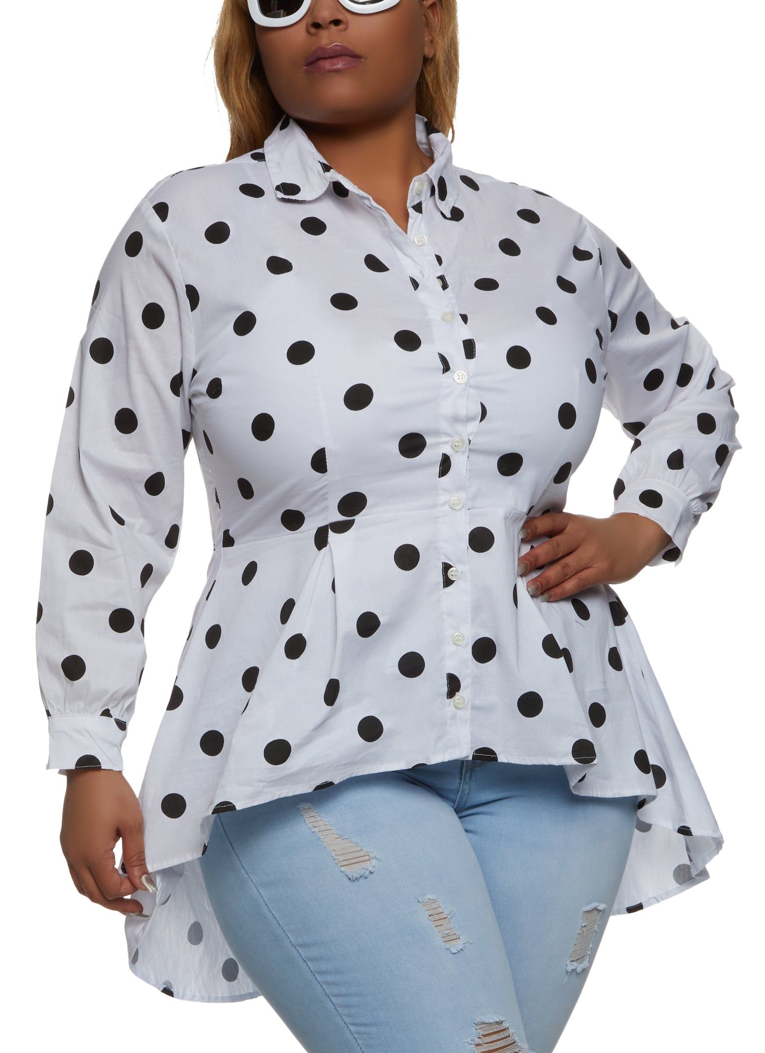 Plus Size Polka Dot Print Button Front High Low Shirt sold by Rainbow