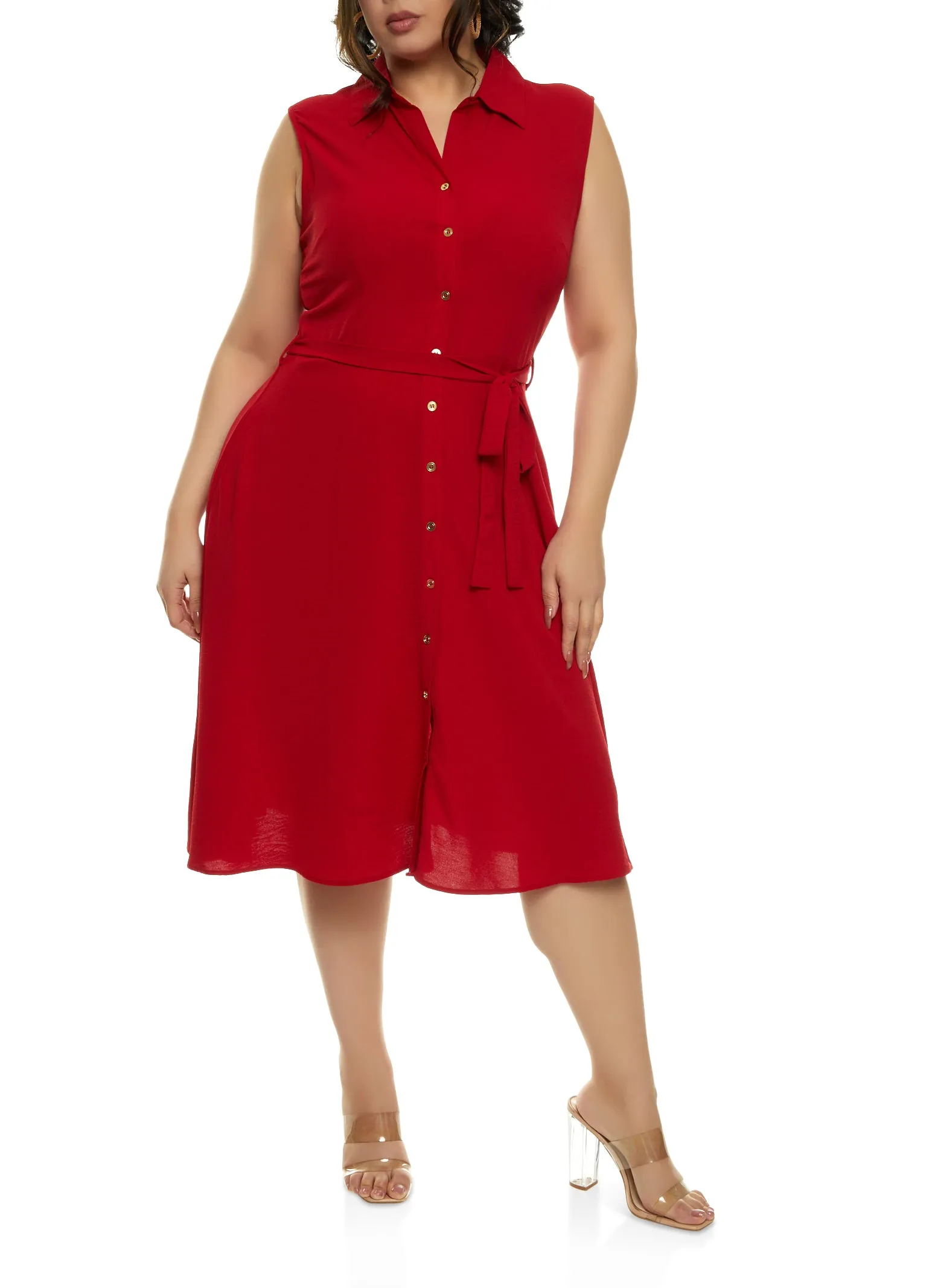 Plus Size Sleeveless Button Front Tie Waist Shirt Dress sold by Rainbow