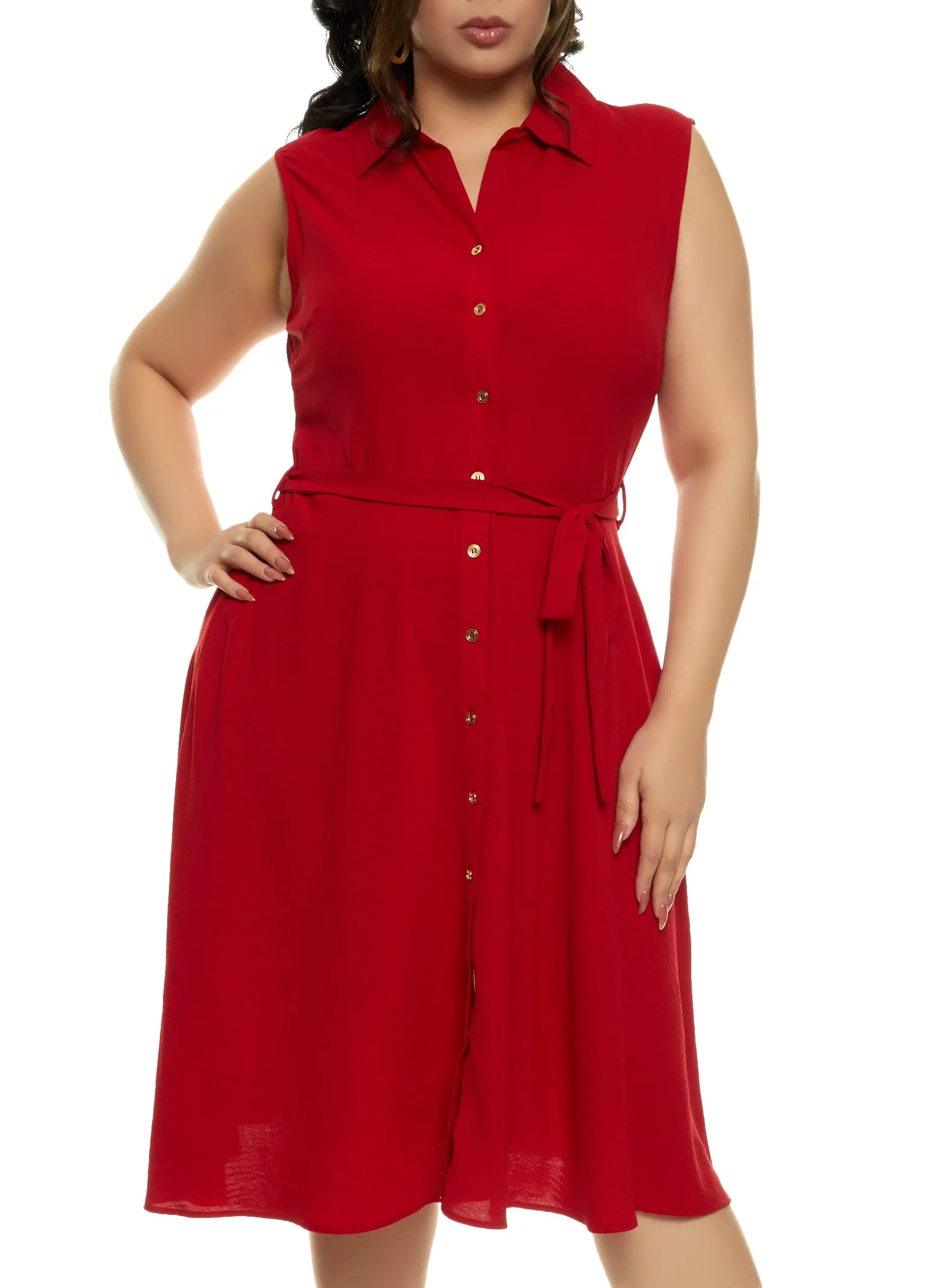 Plus Size Sleeveless Button Front Tie Waist Shirt Dress sold by Rainbow product image thumbnail 2