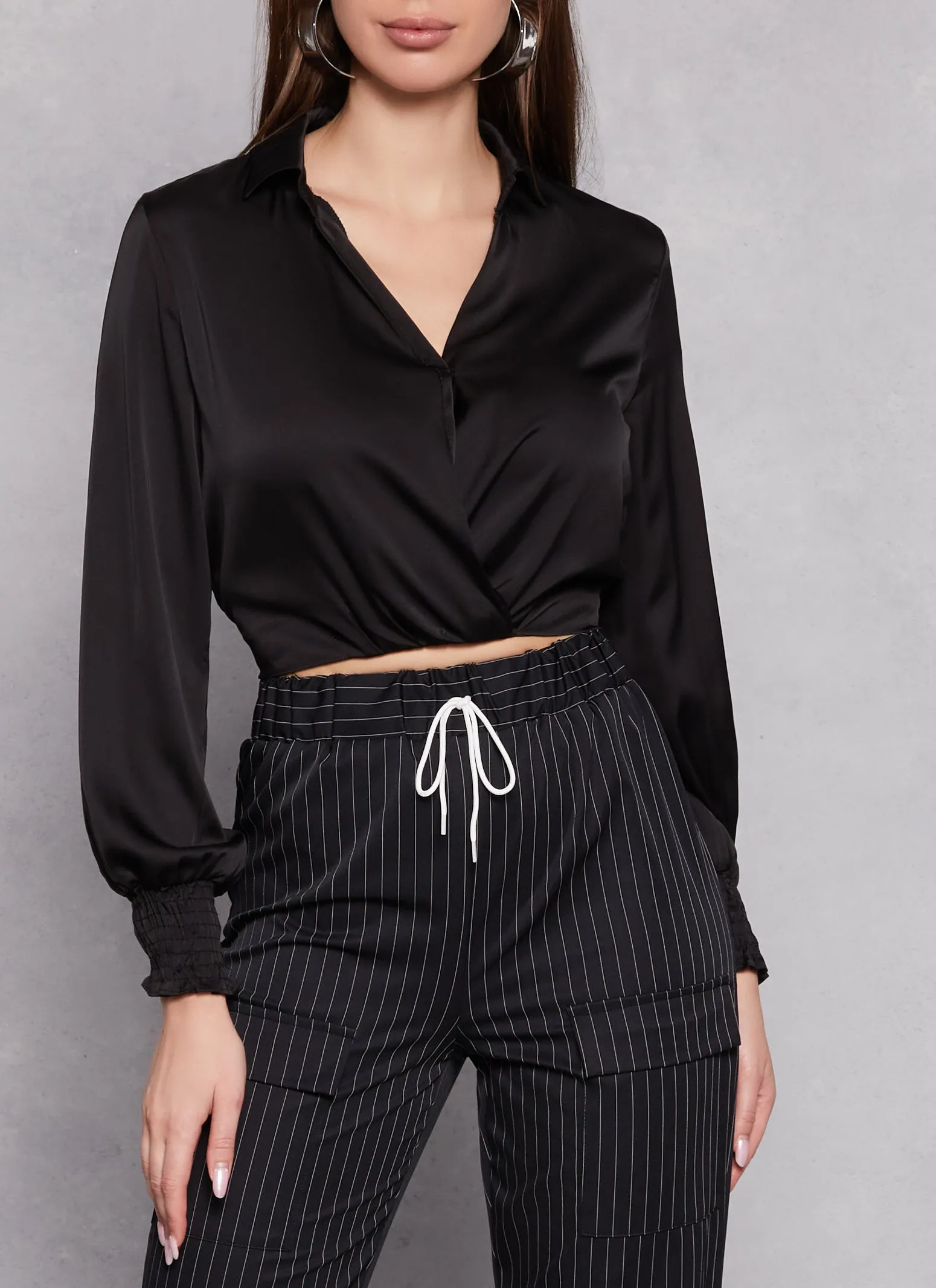 Satin Puff Sleeve Faux Wrap Shirt sold by Rainbow