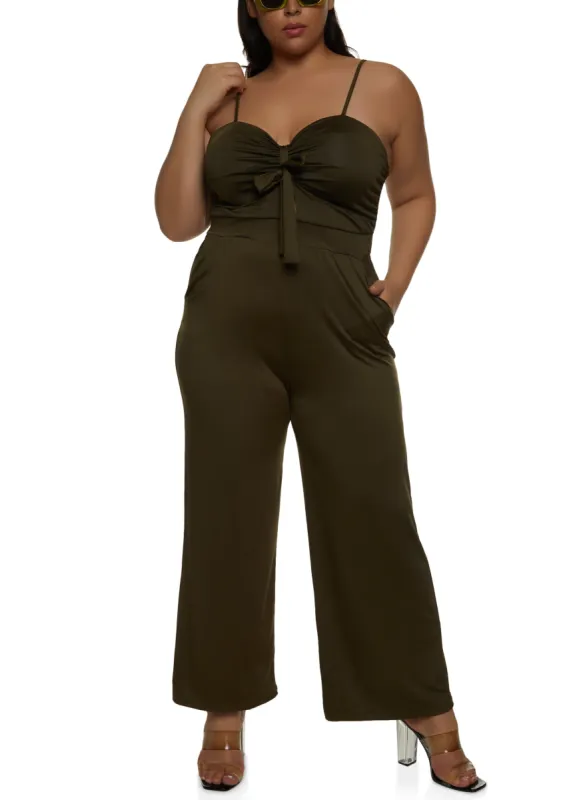 Plus Size Tie Front Keyhole Wide Leg Jumpsuit sold by Rainbow