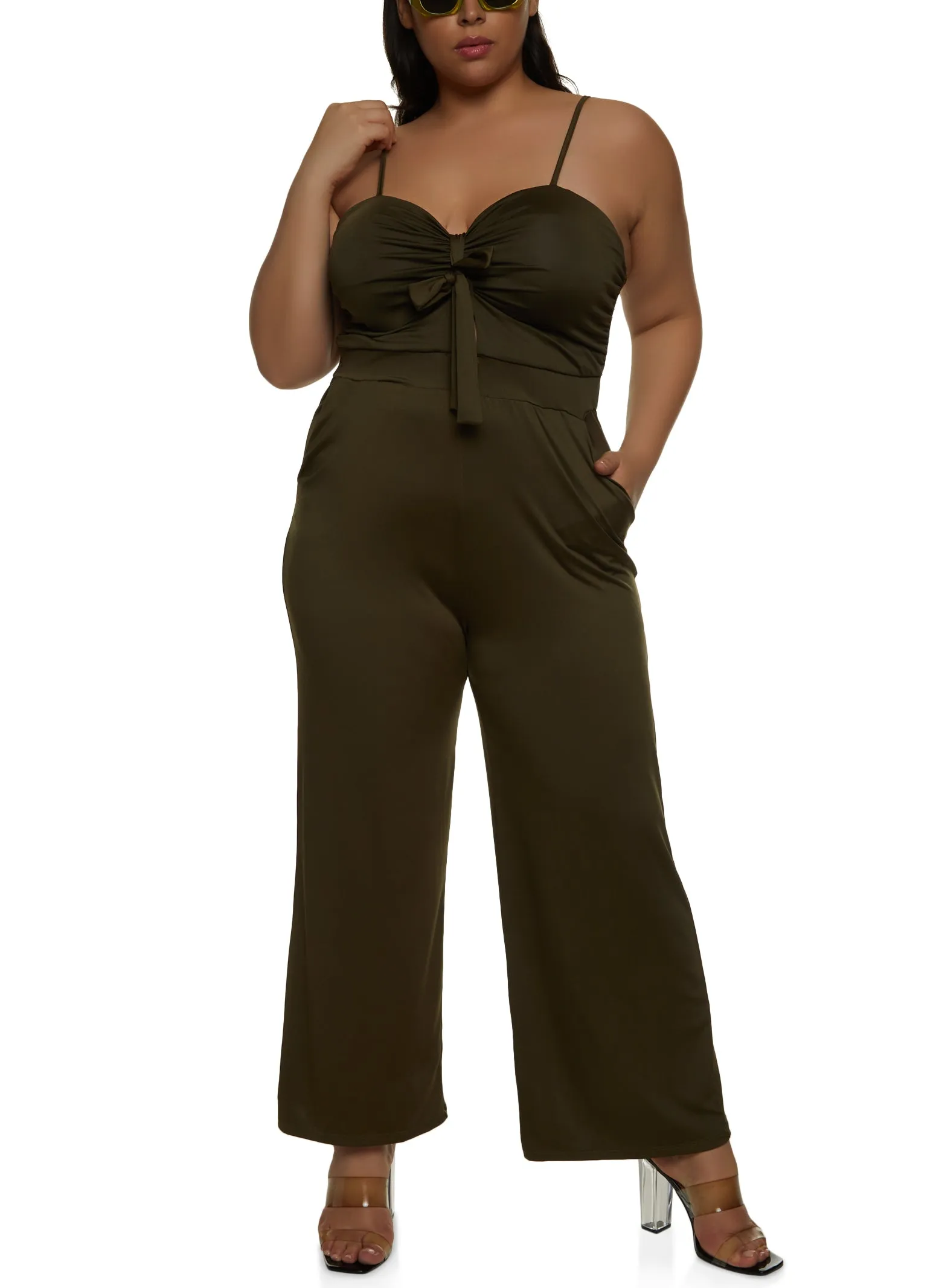 Plus Size Tie Front Keyhole Wide Leg Jumpsuit sold by Rainbow
