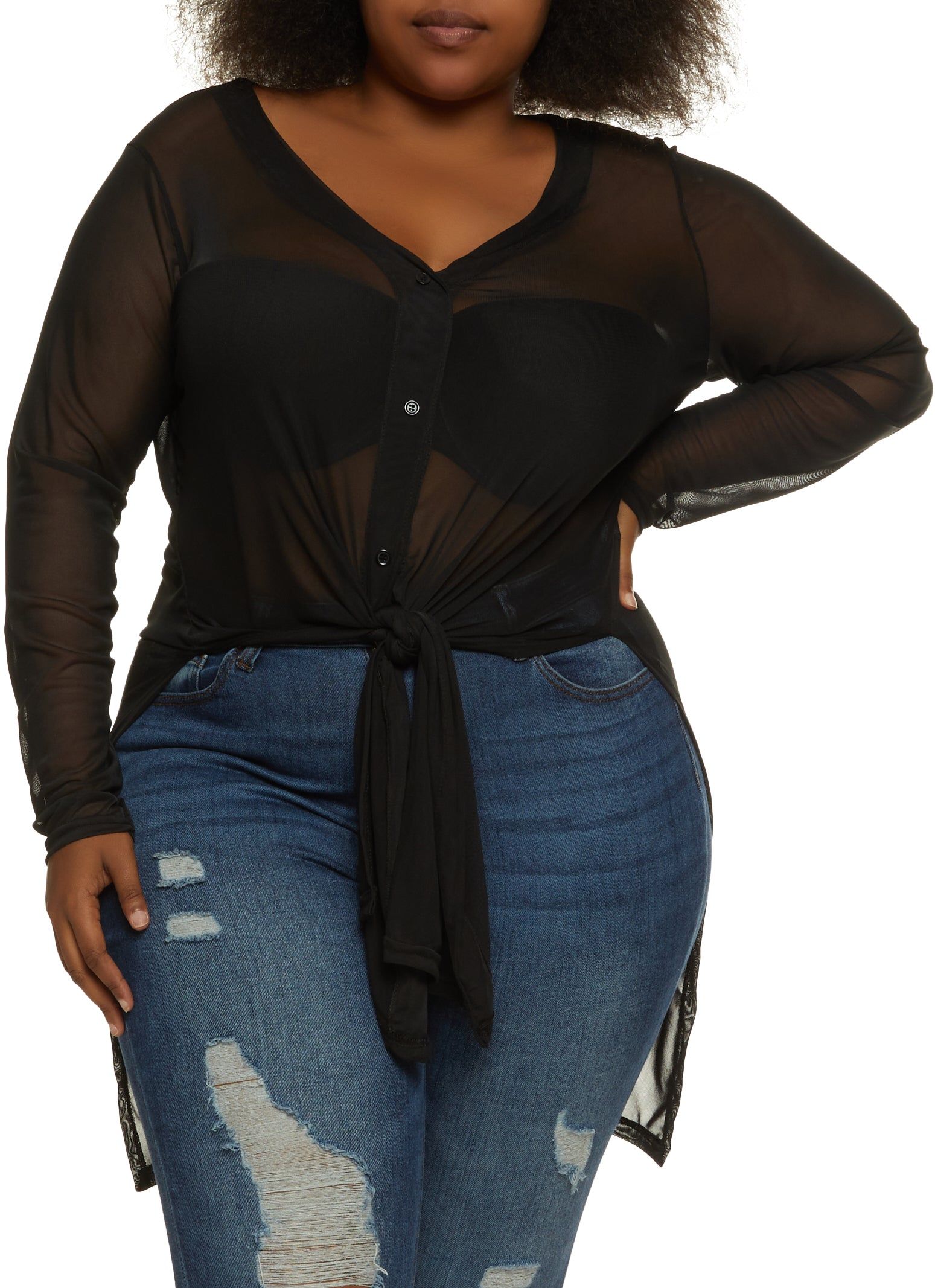 Plus Size Mesh Tie Front V Neck Shirt sold by Rainbow