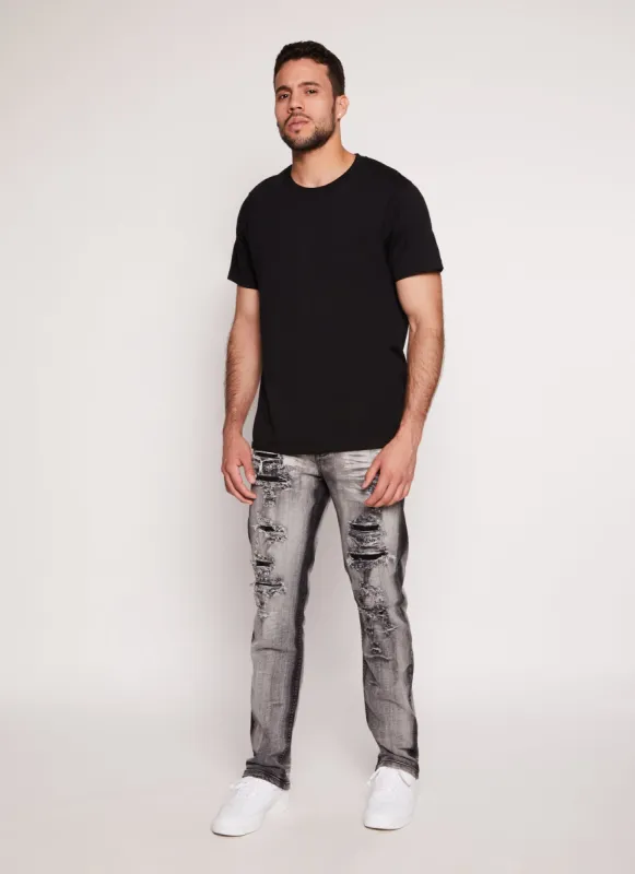 Mens Acid Wash Patch and Repair Skinny Leg Jeans made by Rainbow