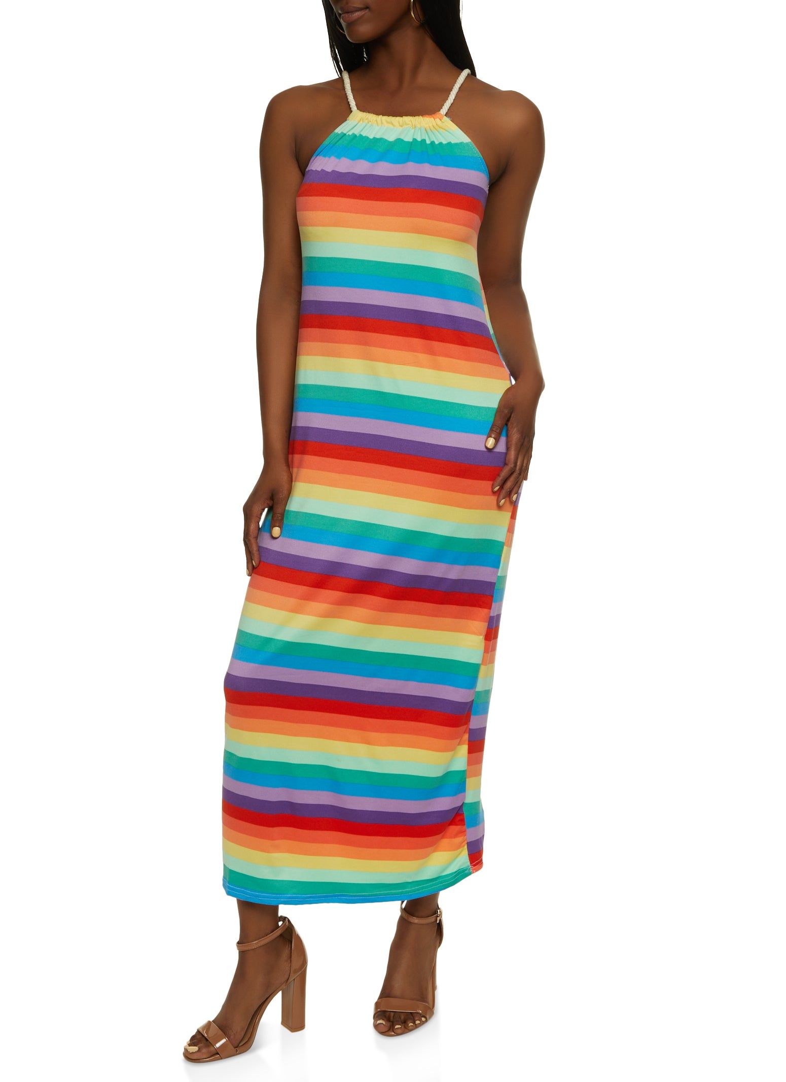 Rainbow Striped Rope Strap Maxi Dress sold by Rainbow