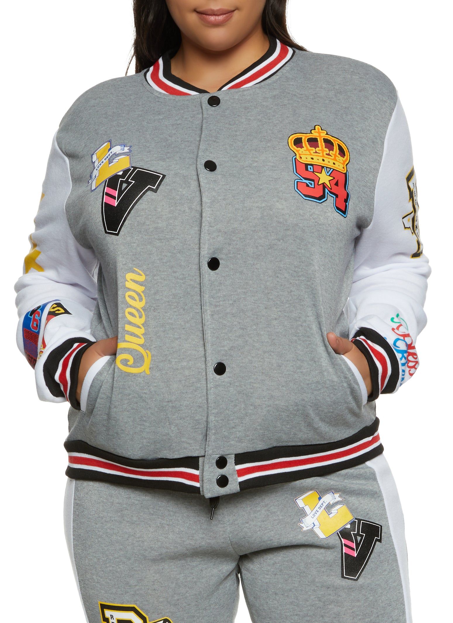 Plus Size Fleece Queen Graphic Varsity Jacket sold by Rainbow