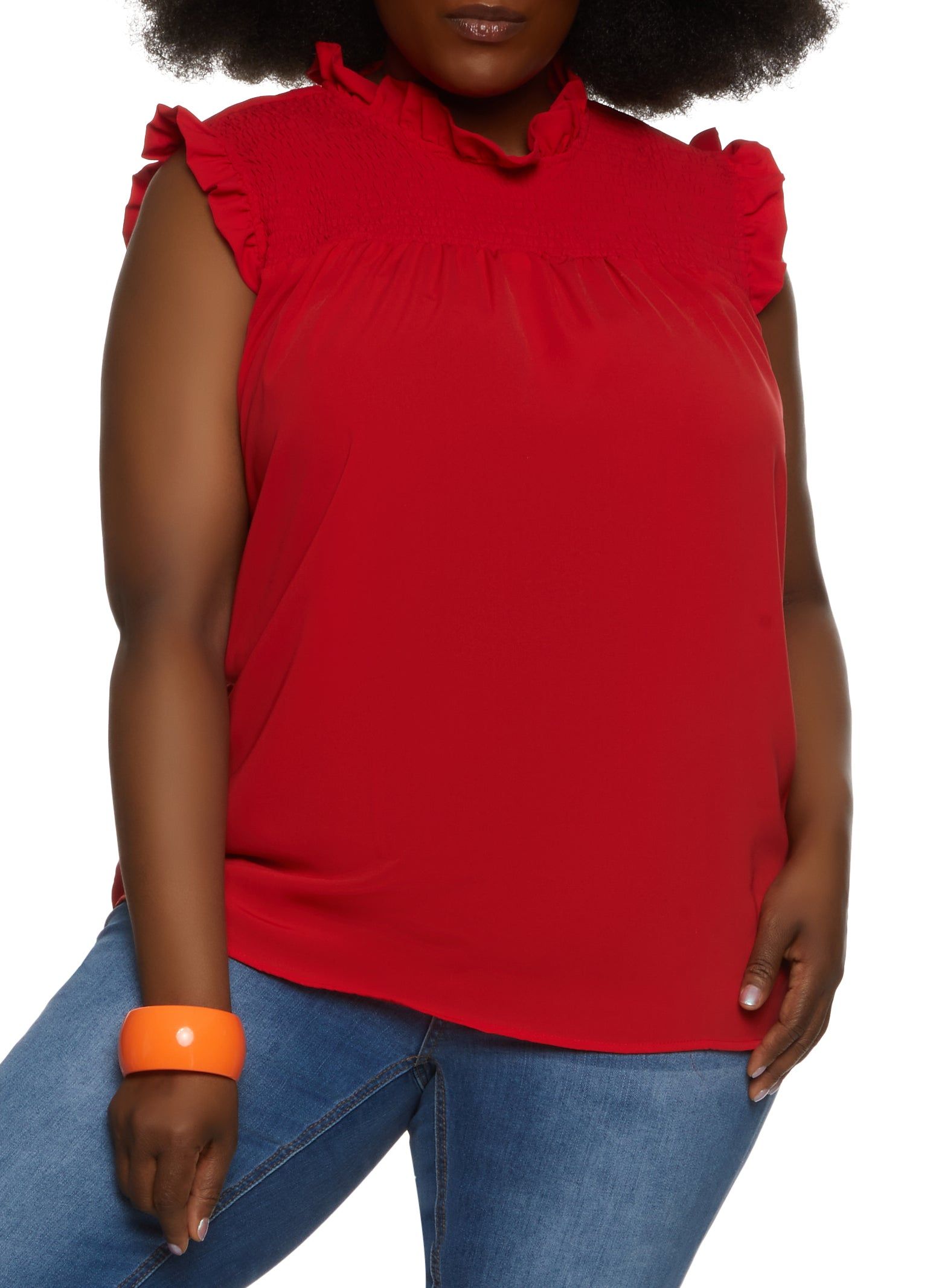 Plus Size Sleeveless Ruffled Smocked Blouse sold by Rainbow