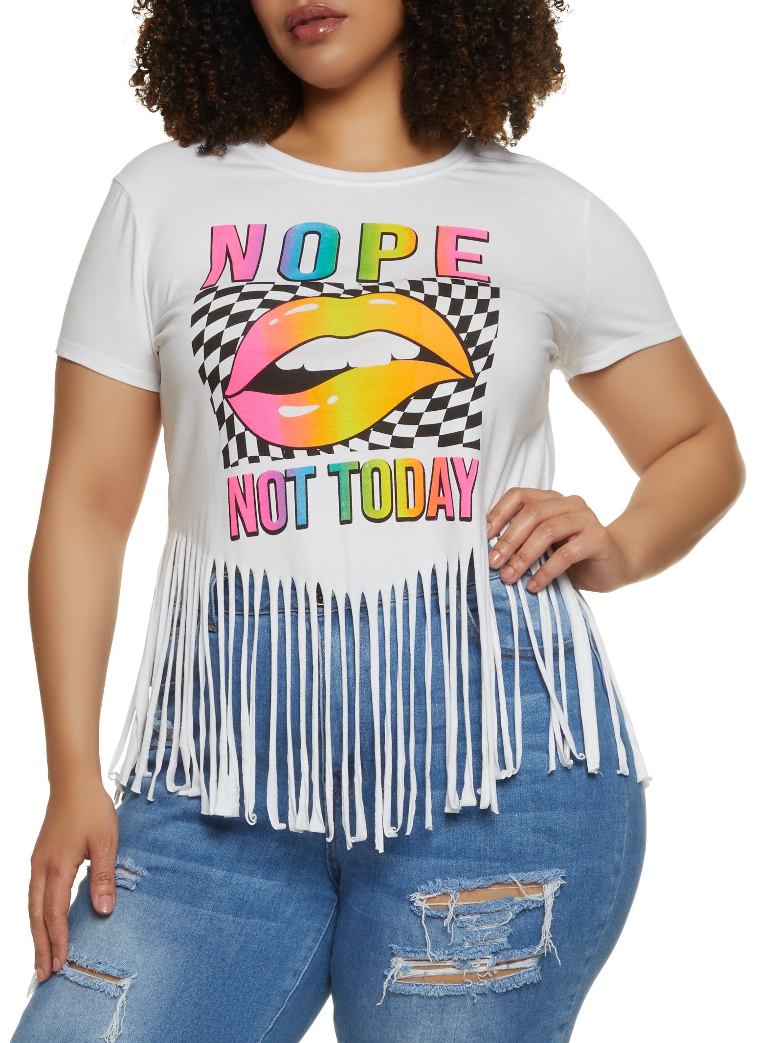 Plus Size Nope Not Today Lip Graphic Fringe Tee sold by Rainbow