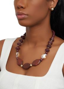 Wooded Beaded Necklace and Stud Earrings with Stretch Bracelets sold by Rainbow